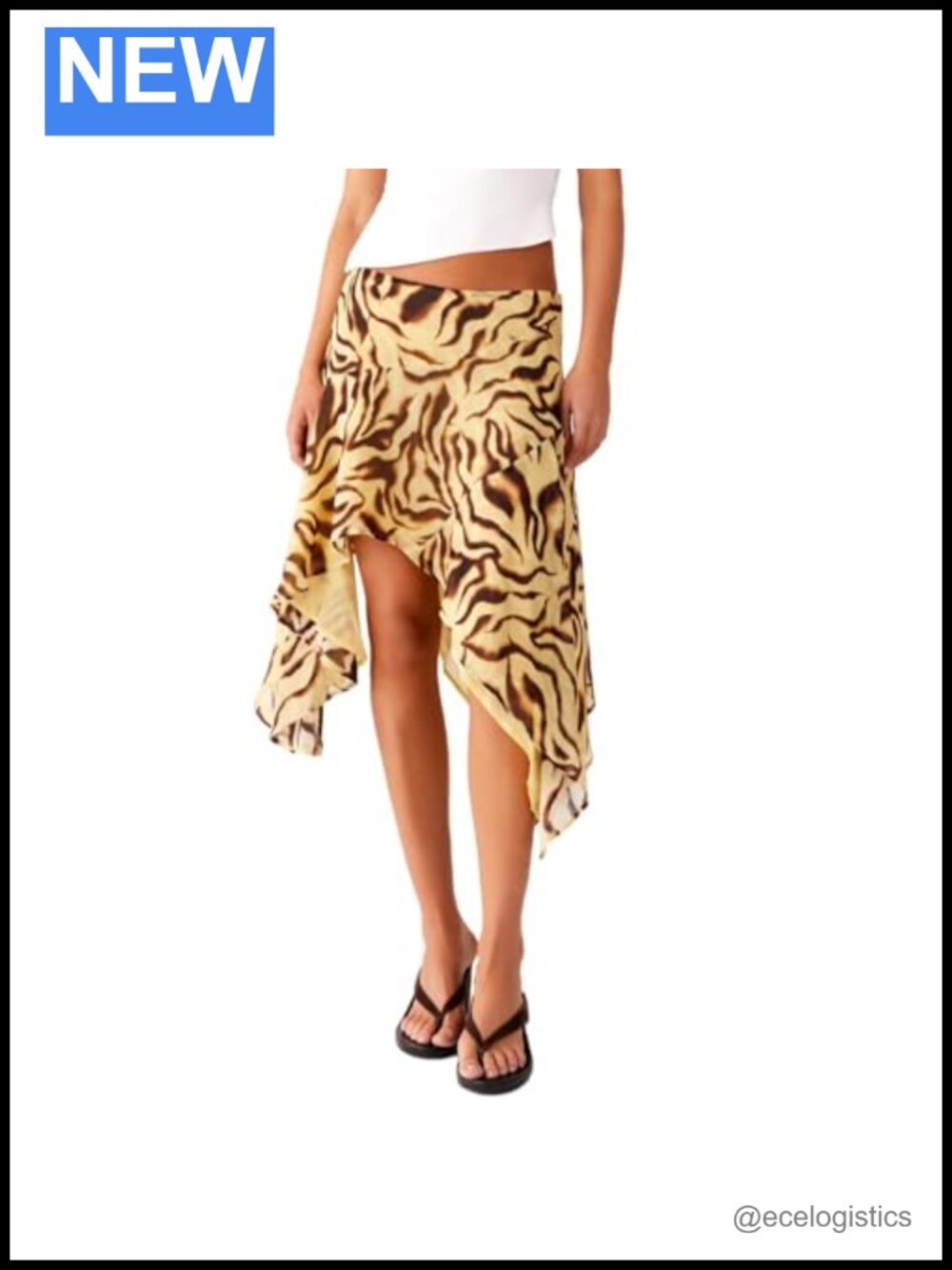 Flowy Midi Skirt Mesh Ruffle Asymmetrical Pleated High Waist Stretchy Women
